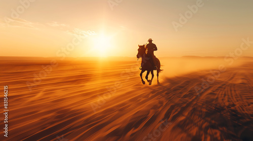 A photographic image of a person riding a horse, the rider wearing traditional cowboy attire, with a dynamic pose, galloping across a vast desert landscape