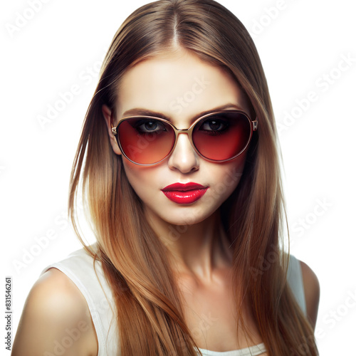 A woman with long brown hair and red lipstick is wearing sunglasses