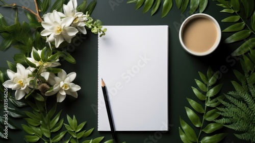 An organized flat lay composition with a blank notepad  pencil  coffee  and fresh green plants on a dark background