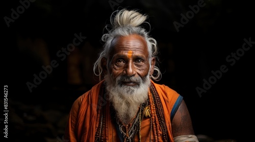 A portrait of a spiritual man with piercing eyes and white beard, adorned in traditional orange robes, symbolizing wisdom