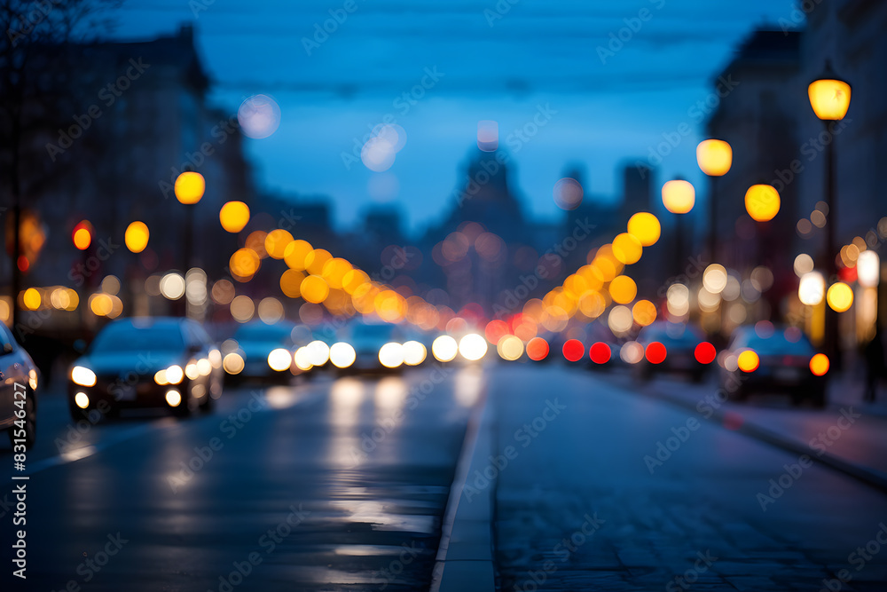 Bokeh city nights. City street scene blurred in the background. Glowing dots float over a soft-focus street, great for atmospheric visuals
