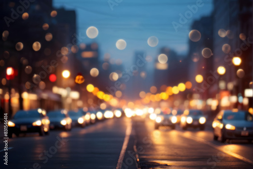 Bokeh brilliance. City street scene blurred in the background. City lights blur into artistic circles, perfect for dynamic backdrops and creative designs