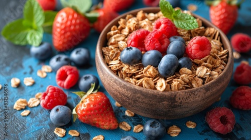 Wholesome breakfast bowl with granola  yogurt  and fresh berries on a serene blue background