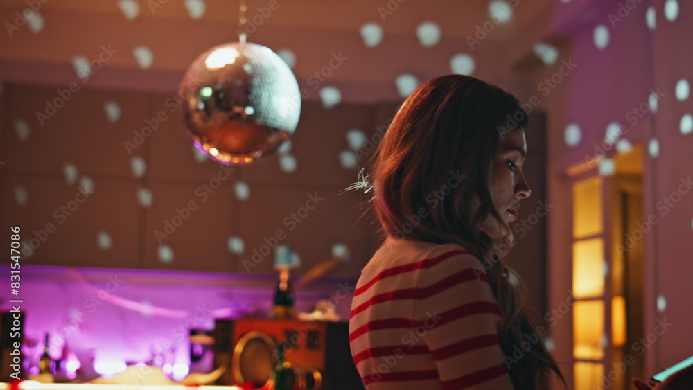 Upset lady reading message at smartphone in empty party room close up. Sad woman Upset lady reading message at smartphone in empty party room close up. Sad woman