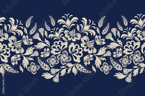 Indian Floral Pattern seamless ethnic vector  indigo navy blue white flower motif paisley abstract vector illustration embroidery texture design for fabric wallpaper print template.