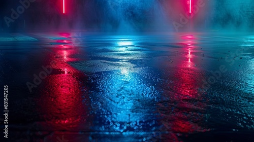 Dark night street, wet asphalt, neon reflection in water, smoke, smog.