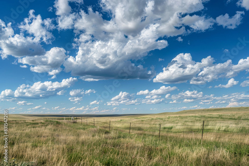 Bright Landscape Photo of a Sunny Meadow or Steppe with a Fence Running Through, Under a Blue Sky with Puffy Cumulus Clouds, Sunny and Lush Greenery