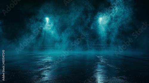 Dark night street  wet asphalt  neon reflection in water  smoke  smog.