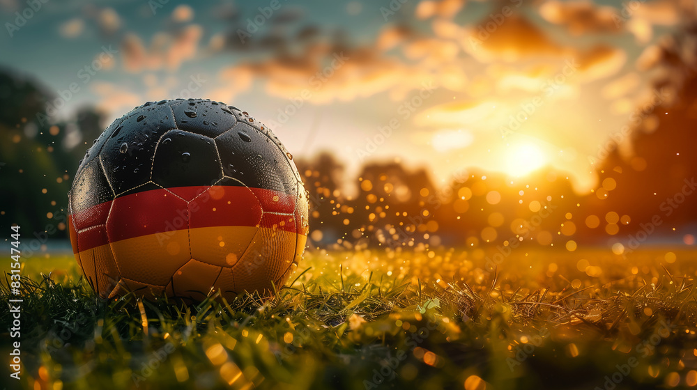 Obraz premium Ball with german flag standing on grass of stadium. European football championship UEFA EURO 2024. Generative AI