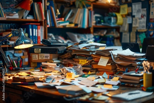 organizational chaos, a messy desk overflowing with scattered stationery and crumpled papers represents the consequences of disorganized time management photo