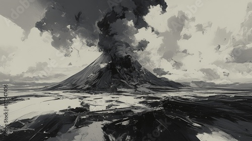 Before the eruption the volcanoes etched an impressive scene on the landscape The mountain awoke amidst billowing smoke captured in a striking monochrome illustration photo