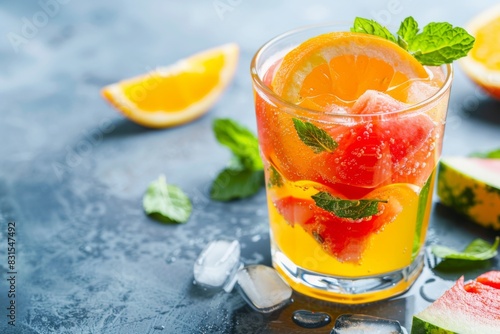 Enjoy a cool watermelon and orange juice with ice and mint leaves