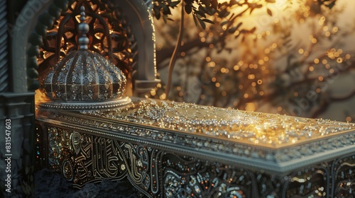 A lavish, beaded Islamic entablature, with exquisite calligraphy and tachette work, exudes twilight elegance. photo