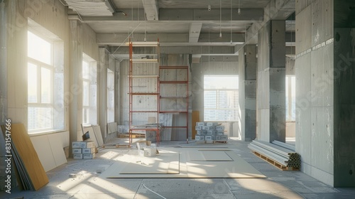 Construction materials and temporary structures inside an apartment undergoing construction renovation or refurbishment
