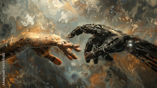 Abstract background of a human hand reaching towards the hands of a robot. Hands of a man and a robot symbolizing union and strength on a background in pastel color. Teamwork  technology concept. 