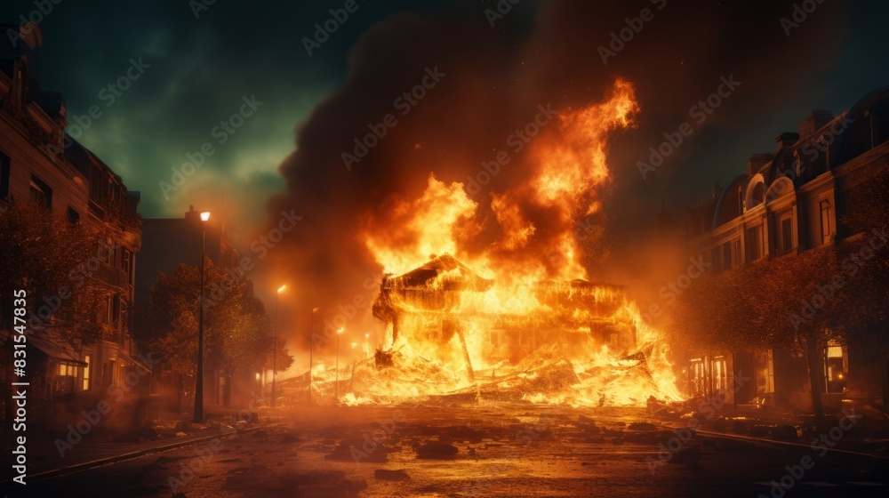 Dramatic view of a large burning fire in the city. Dramatic view of a large burning fire in the city.