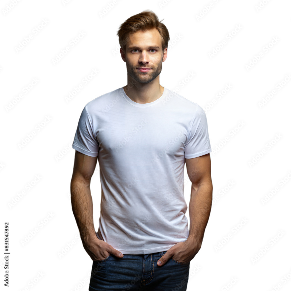 Fototapeta premium Smiling man in a white t-shirt and jeans, hands in pockets