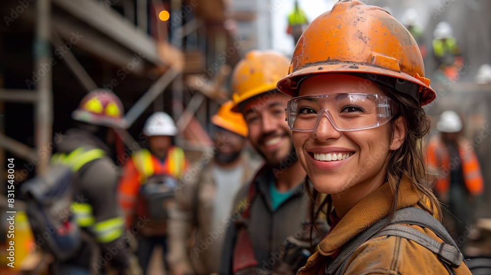 Team of cheerful men and women workers smiling on the construction site. Generative ai Team of cheerful men and women workers smiling on the construction site. Generative ai