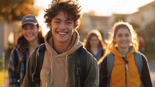 happy schoolchildren teenagers going to school. Generative ai