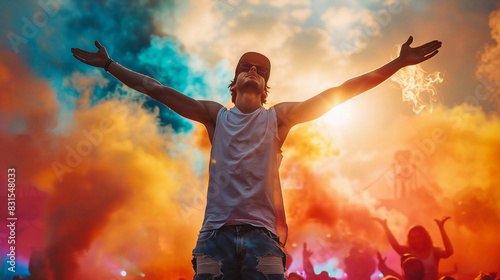 Young stylish man having fun on colored summer music festival. Generative ai