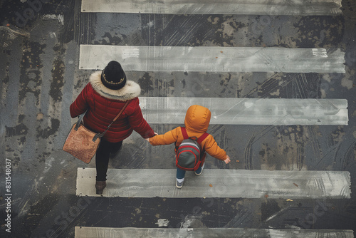 A mother is leading her child across the road topview photo