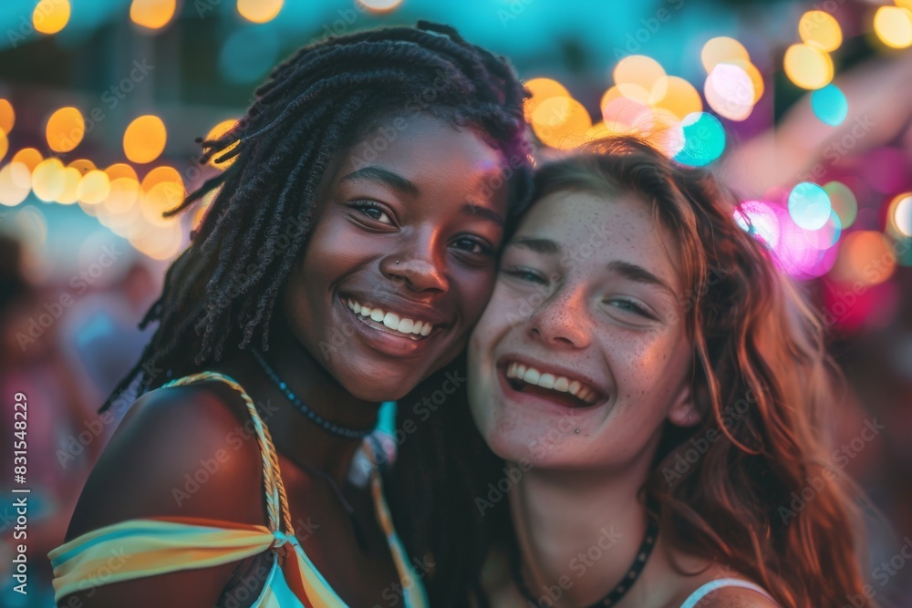 Black woman and white girl are smiling, posing for a photo at a music festival. They are dressed in casual clothing. Black woman and white girl are smiling, posing for a photo at a music festival. They are dressed in casual clothing.