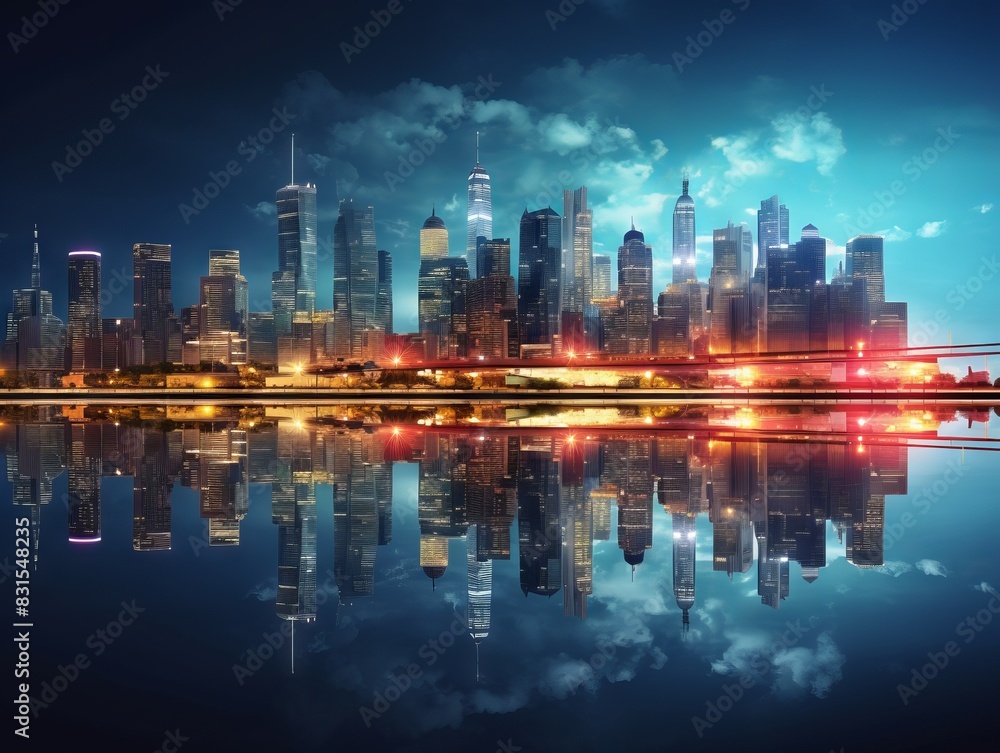 Fototapeta premium Futuristic city with a blue sky and clouds