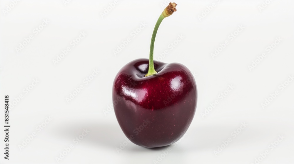 A single dark red cherry with a green stem centered on a white background under studio lighting A single dark red cherry with a green stem centered on a white background under studio lighting