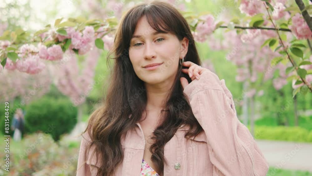 Portrait of beautiful young woman with sincere smile on face posing near blooming sakura tree Portrait of beautiful young woman with sincere smile on face posing near blooming sakura tree