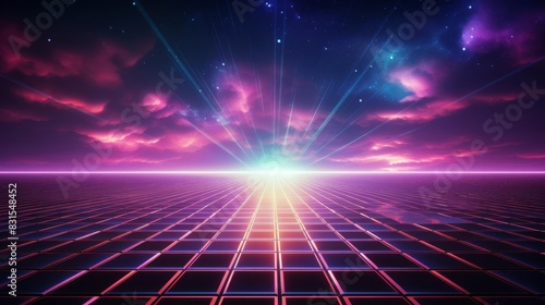 Retro 80s background with neon grid lines, starry sky, pink and purple hues