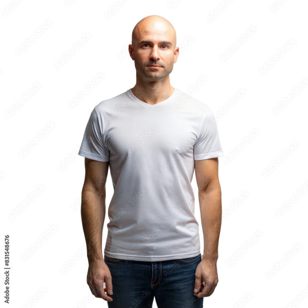 Bald man wearing a white t-shirt stands confidently with a transparent background Bald man wearing a white t-shirt stands confidently with a transparent background