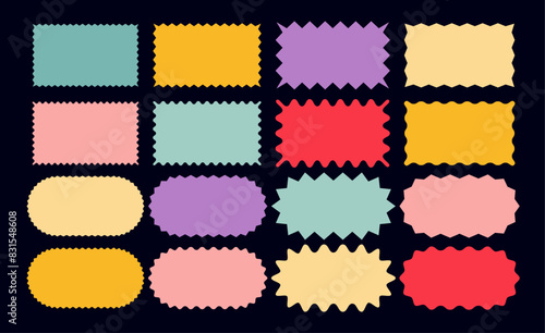 Minimalist Zigzag Shapes Set. Geometric Wiggly and Serrated Symbols, Labels and Icons. Vector Rectangle and Oval Elements with Curve Edge