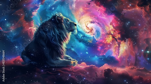 magic fantasy portrait of lion sitting in open space with stars and nebulas, king of nature in colorful cosmos