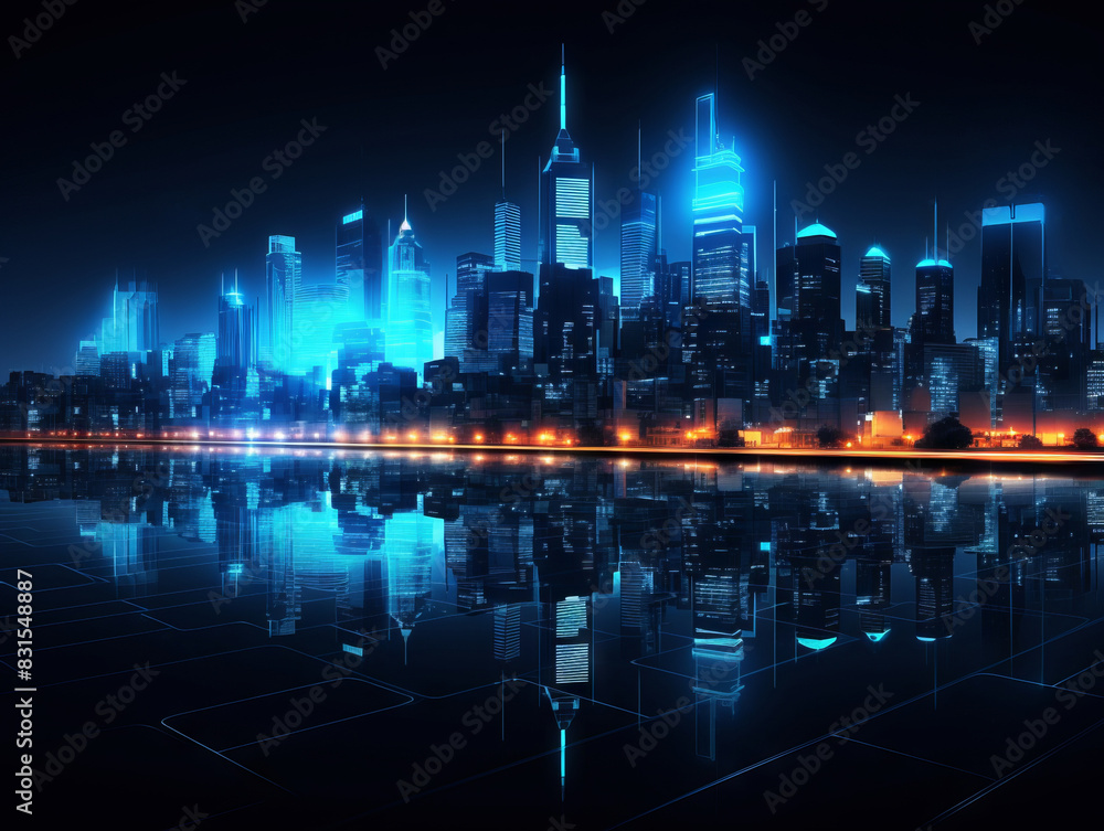 Fototapeta premium Night city view with neon lights and reflections