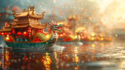 dragon boat festival celebration with vibrant boats racing on the river, set against a festive backdrop with space for text