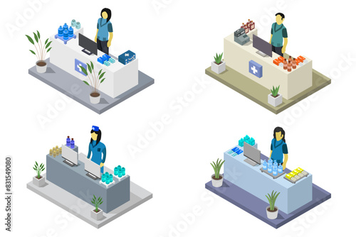 Pharmacy Store and Doctor Isometric