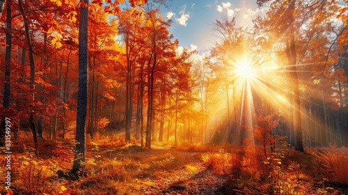 Picturesque view of stunning sun drenched fall woods photo