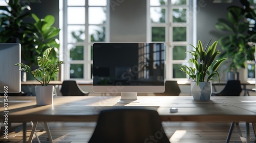A modern office with large windows  wooden desks  computers  and lush green plants. Sunlight streams in creating a bright  airy environment.