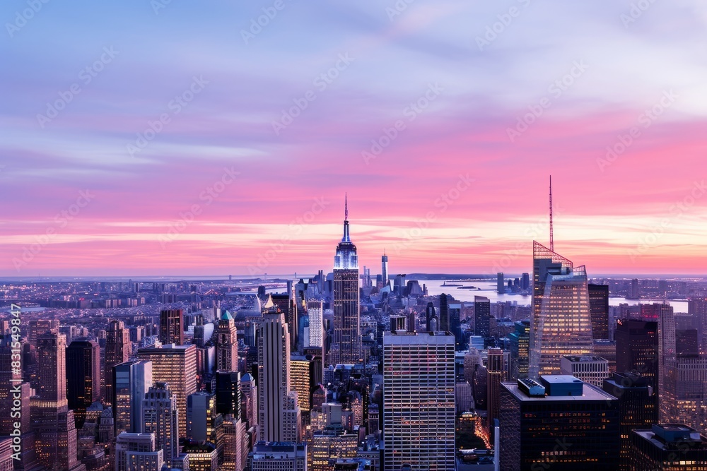 Cityscape skyline panorama at sunset with skyscrapers