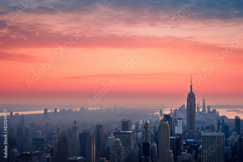 Cityscape skyline panorama at sunset with skyscrapers