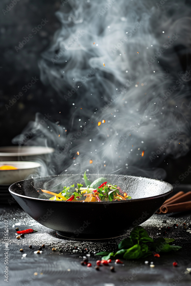 Wok Filled With Food on Table Wok Filled With Food on Table