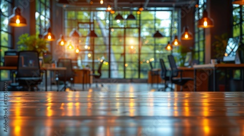 Wallpaper Mural A contemporary open-plan office with wooden desks, ambient hanging lights, and large windows showcasing evening light. Empty chairs and organized workspace provide a calm atmosphere. Torontodigital.ca