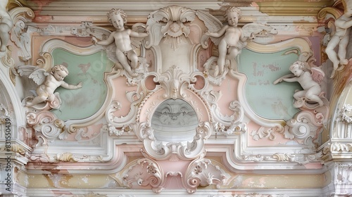 A pastel Rococo entablature with cherubs reflects daylight, enhancing the opulent ambiance elegantly. photo