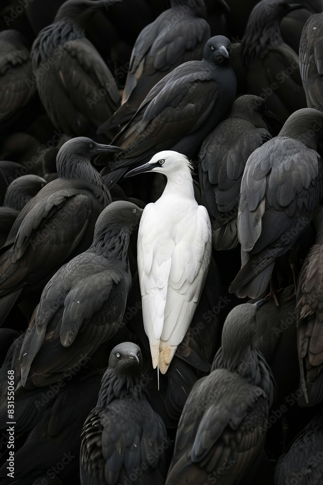 Fototapeta premium white bird between black and grey, standing out from the crowd, originality and uniqueness, one of a kind, different and extraordinary person concept