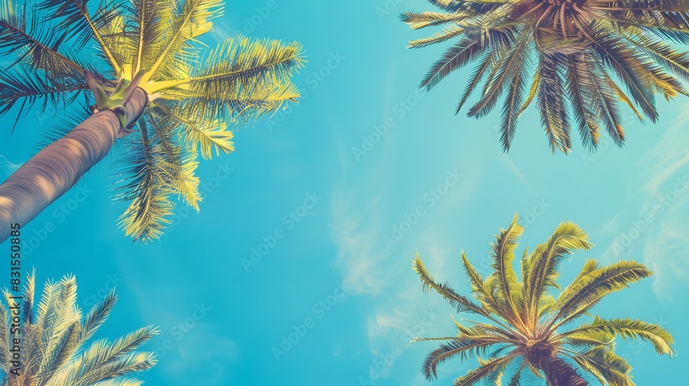 Looking up at blue sky and palm trees, view from below, vintage style, tropical beach and summer background, travel concept. Looking up at blue sky and palm trees, view from below, vintage style, tropical beach and summer background, travel concept.