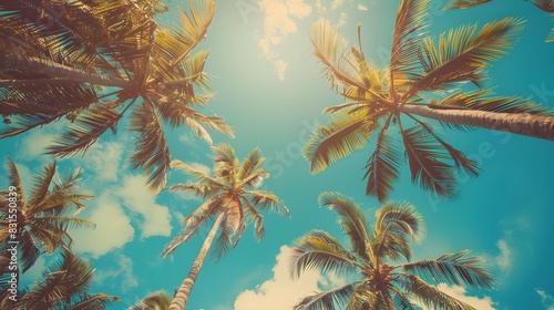 Looking up at blue sky and palm trees, view from below, vintage style, tropical beach and summer background, travel concept.  © Farid