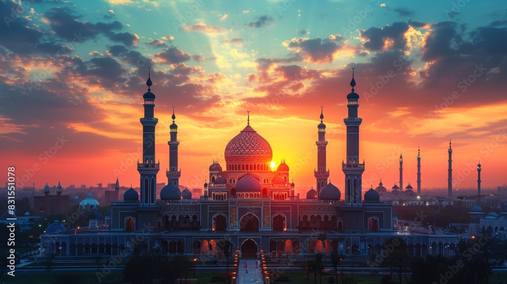 Obraz premium eid al-adha celebration banner featuring a detailed mosque silhouette set against a vibrant sunset sky, symbolizing the islamic festival