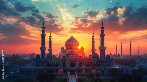 eid al-adha celebration banner featuring a detailed mosque silhouette set against a vibrant sunset sky, symbolizing the islamic festival photo