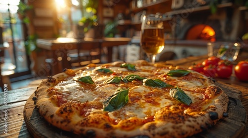 italian dining experience, a hot pizza on a rustic wooden table, representing italys culinary heritage, ready to be savored with space for copy photo