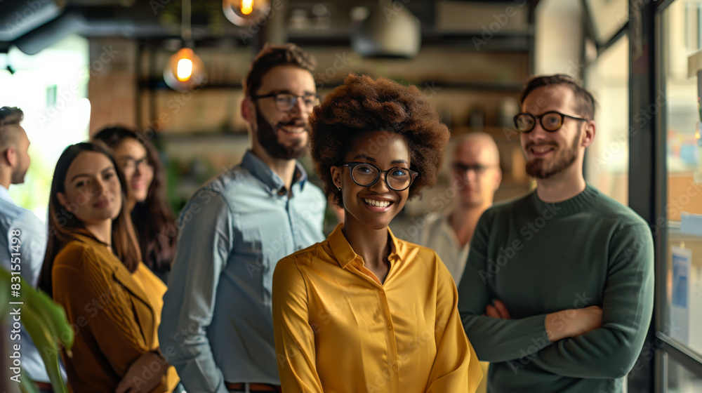 Portrait of multiracial colleagues in casual clothes posing in the hallway of a modern office. Young employees working together. Teamwork concept. Portrait of multiracial colleagues in casual clothes posing in the hallway of a modern office. Young employees working together. Teamwork concept.